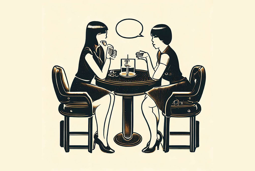 Due ragazze che condividono i loro pensieri sedute al tavolino di un bar.